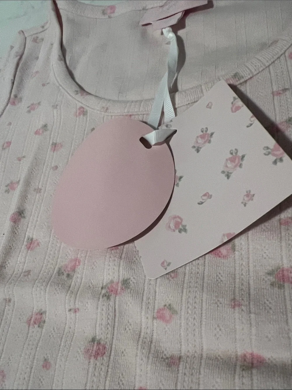 LoveShackFancy Light Pink Floral Ribbed Short Sleeve Top